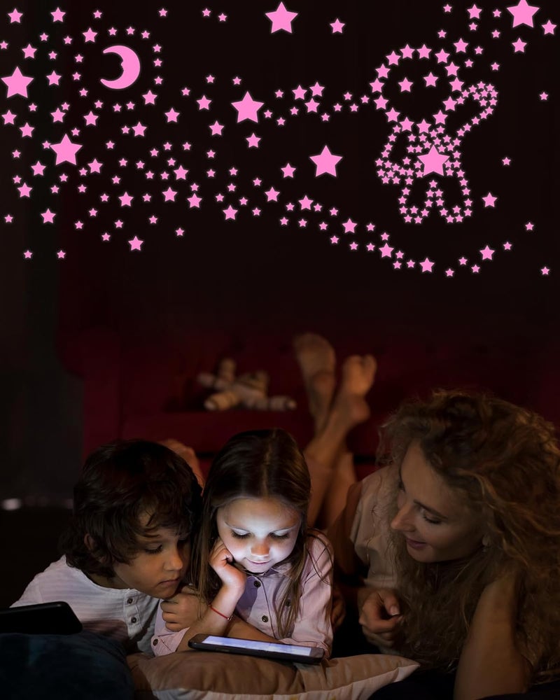 Greingways 201 Pcs Glow in The Dark Stars Stickers for Ceiling Bedroom, Stocking Stuffers for Kids Ages 3-5, 4-8, 8-12, Boys Girls Room Decor Wall Stickers Stocking Stuffers for Toddler-Pink - Image 1